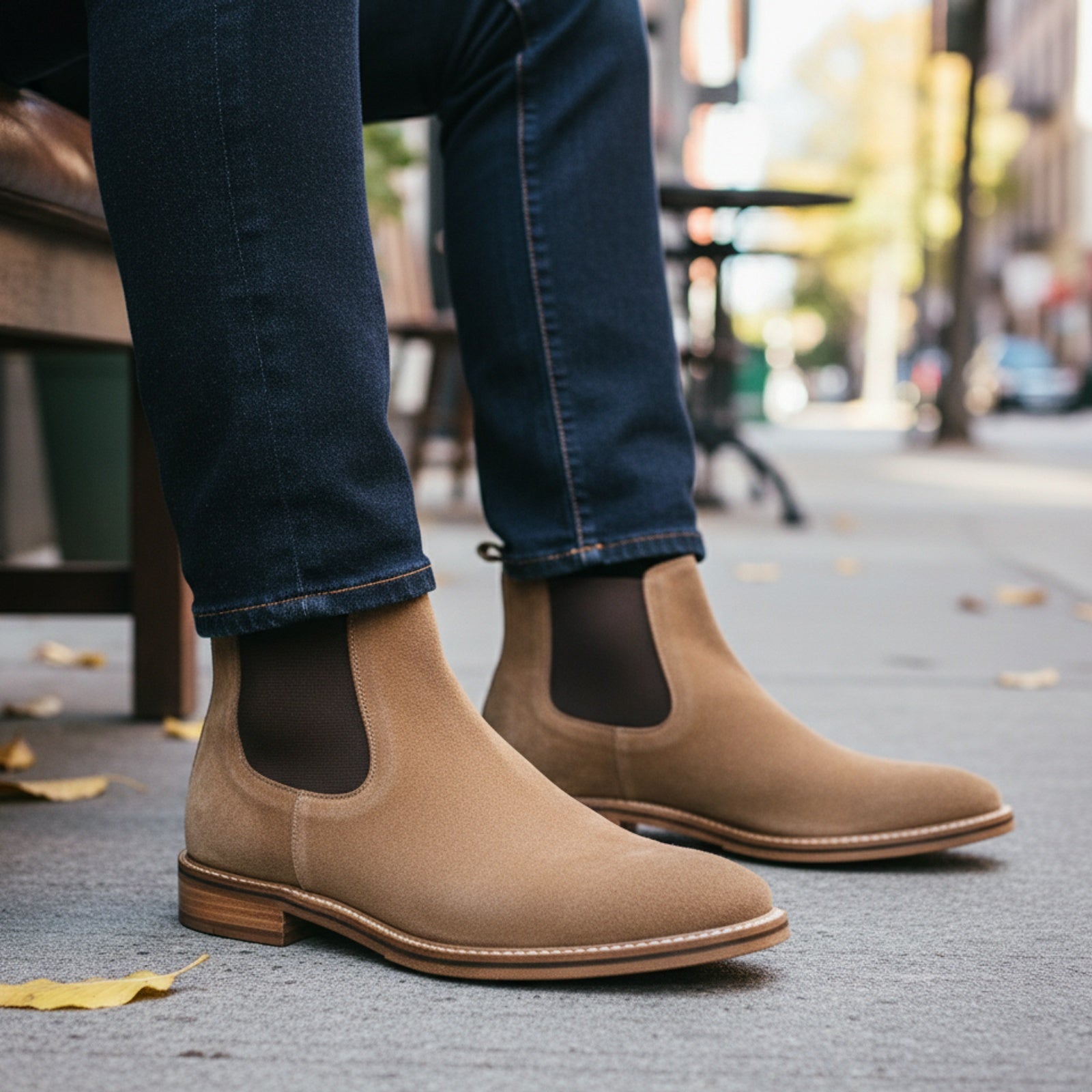 model-sitting-bench - Men's Full Grain Suede Chelsea Boots with Classic Design