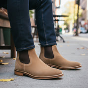 model-sitting-bench - Men's Full Grain Suede Chelsea Boots with Classic Design