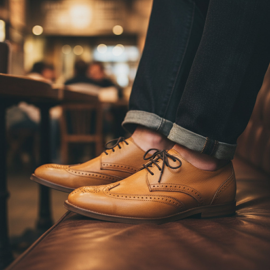 model-sitting-bench - Men's Genuine Leather Derby Shoes with Brogue Detailing