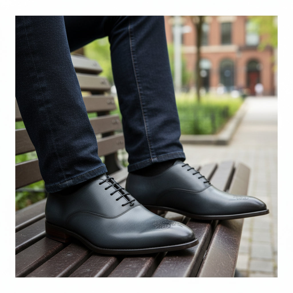 model-sitting-bench - Men's Genuine Leather Oxford Dress Shoes