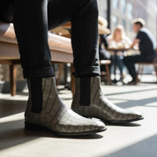 Men's Gray Crocodile Embossed Chelsea Leather Boots - model-sitting-bench
