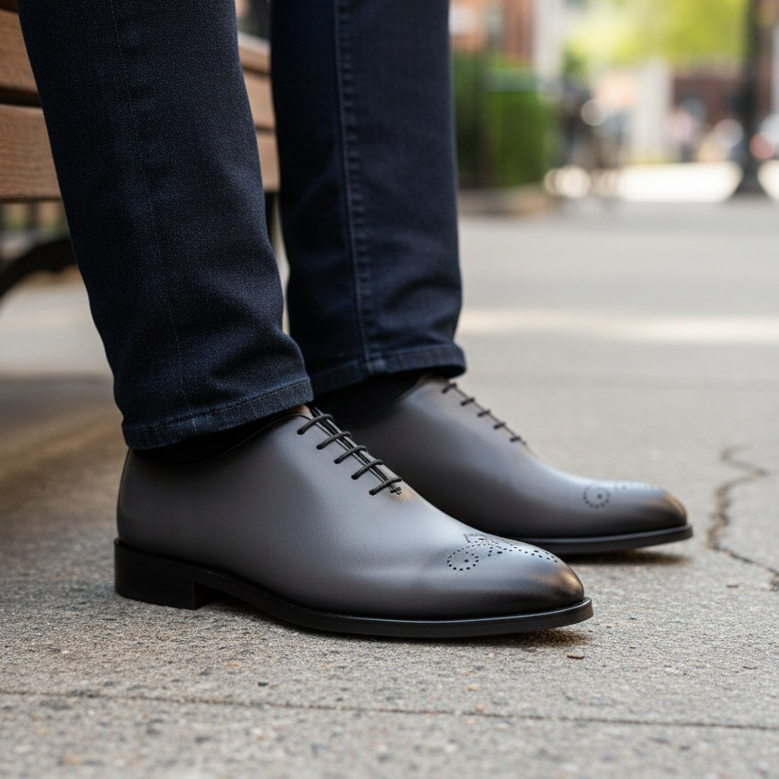 model-sitting-bench - Men's Gray Leather Whole Cut Oxford Dress Shoes