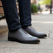 model-sitting-bench - Men's Gray Leather Whole Cut Oxford Dress Shoes
