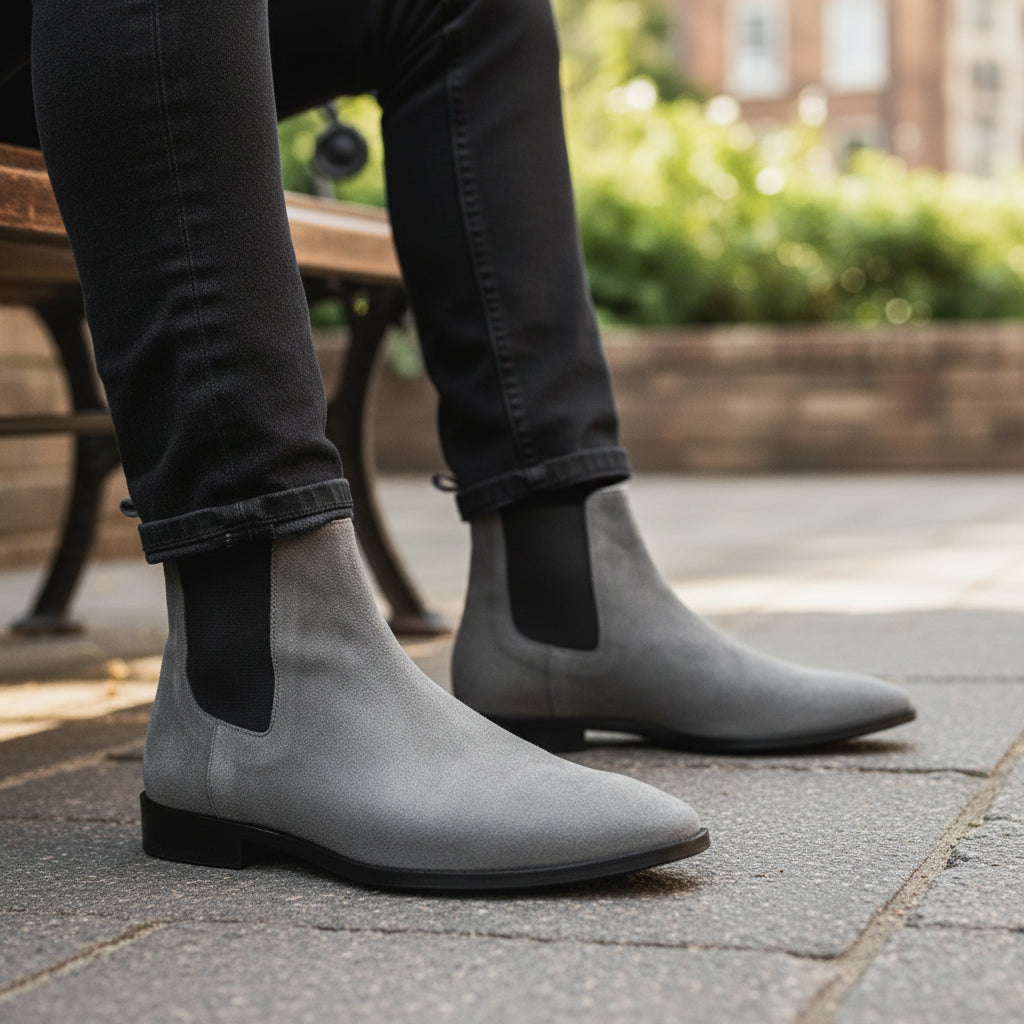 Men's Gray Suede Chelsea Boots - model-sitting-bench