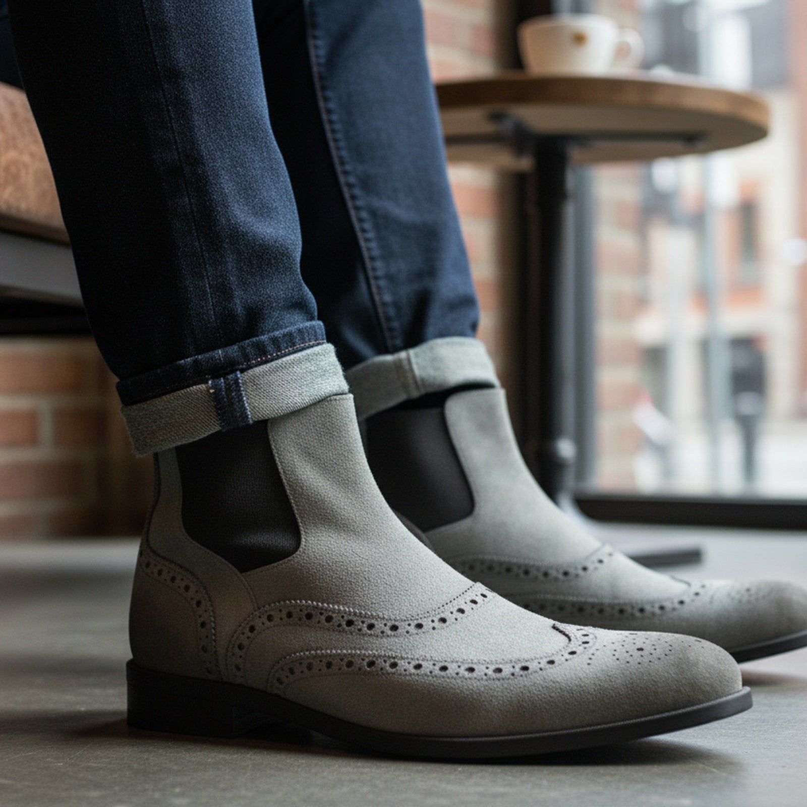 Men's Gray Suede Chelsea Boots - model-sitting-bench