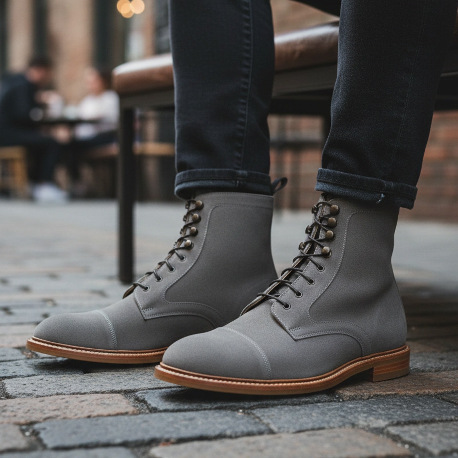 Men's Gray Suede Lace-Up Dress Boots - model-sitting-bench