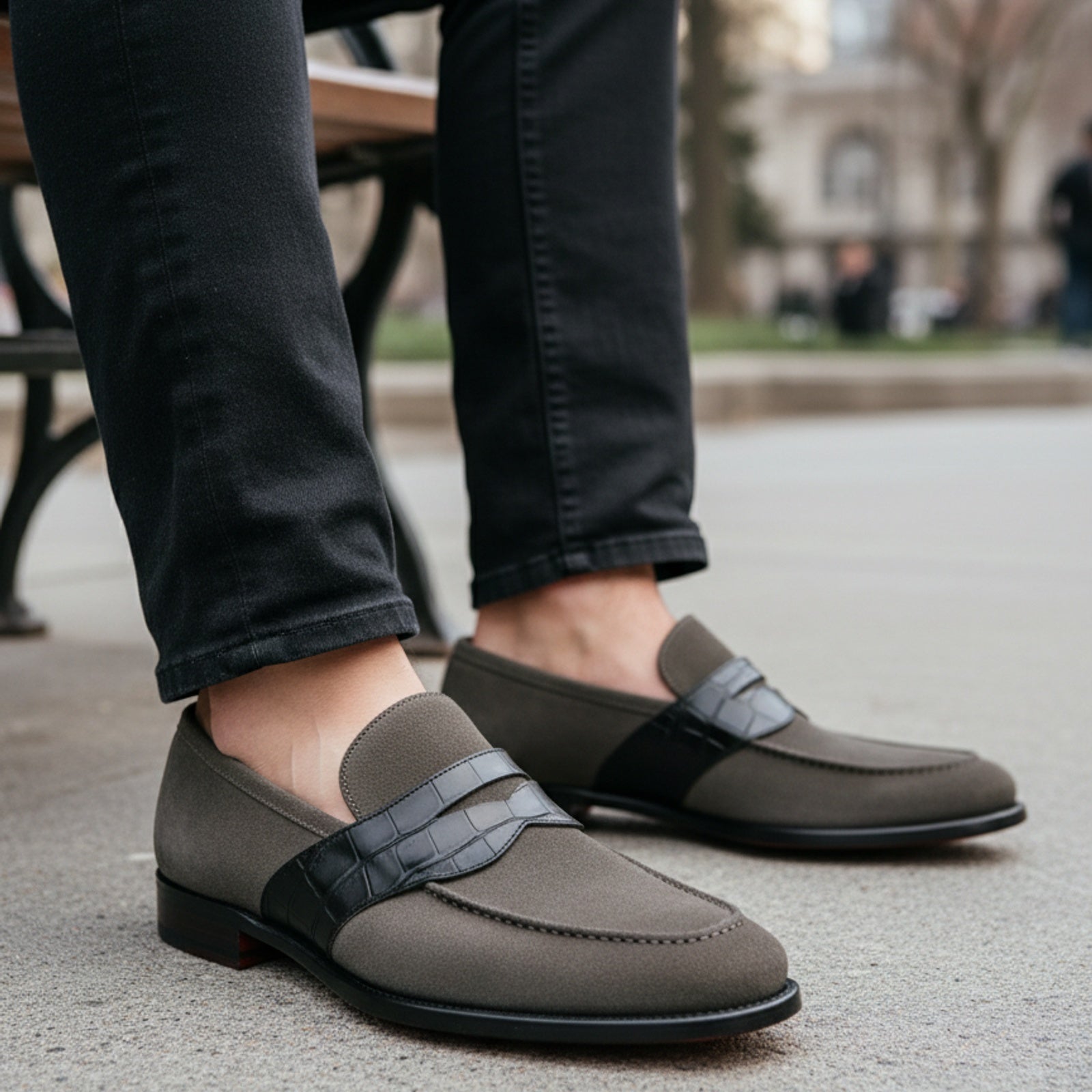 model-sitting-bench - Men's Gray Suede Moccasin Loafers