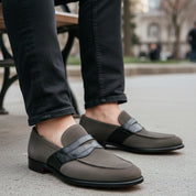model-sitting-bench - Men's Gray Suede Moccasin Loafers