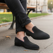 model-sitting-bench - Men's Gray Suede Moccasins