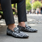 model-sitting-bench - Men's Gray Tweed Fabric Loafers with Tassel Detail