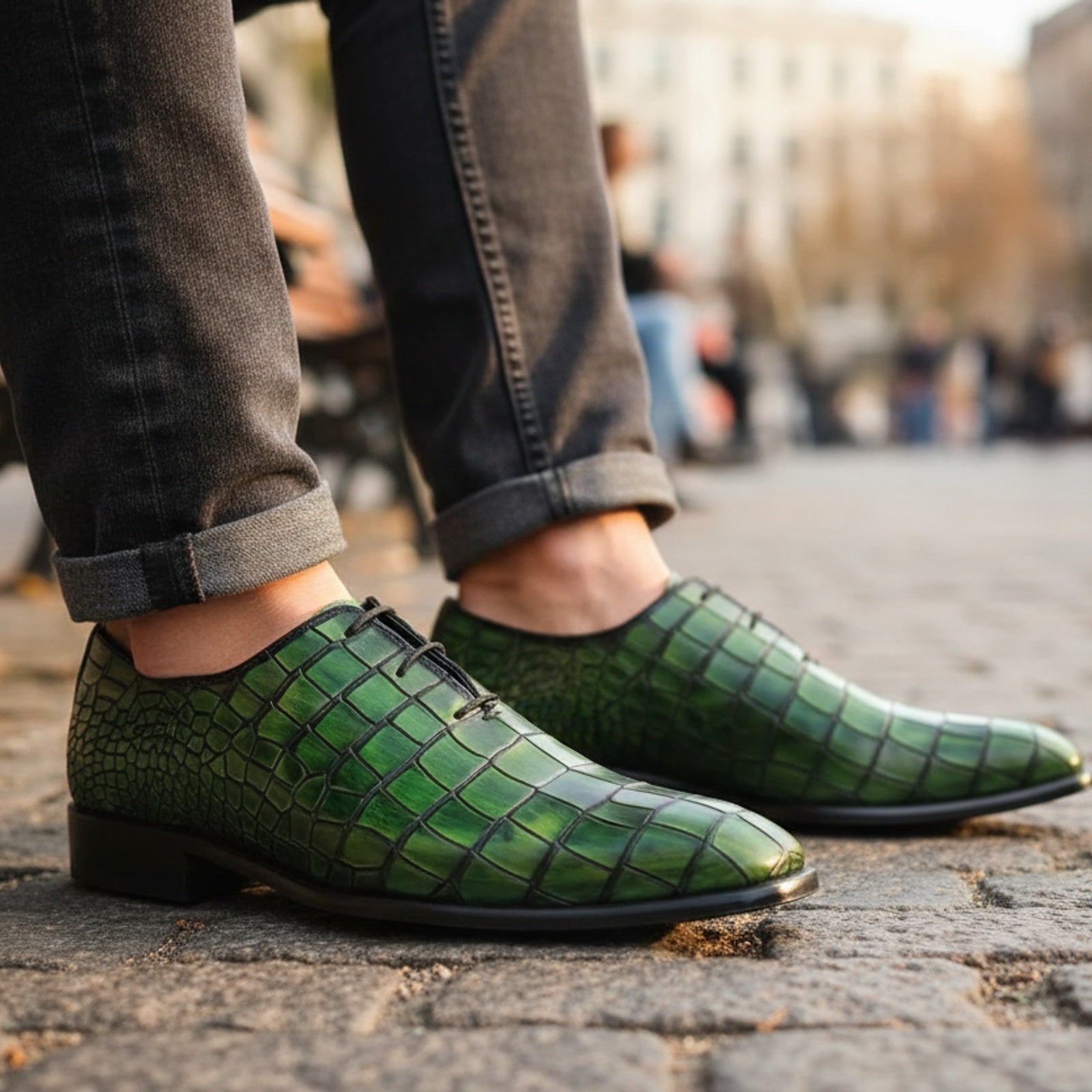 model-sitting-bench - Men's Green Leather Dress Shoes