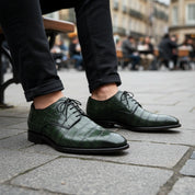 model-sitting-bench - Men's Green Leather Lace-Up Dress Shoes