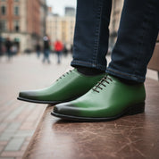 Men's Green Pointed Toe Leather Dress Shoes - model-sitting-bench