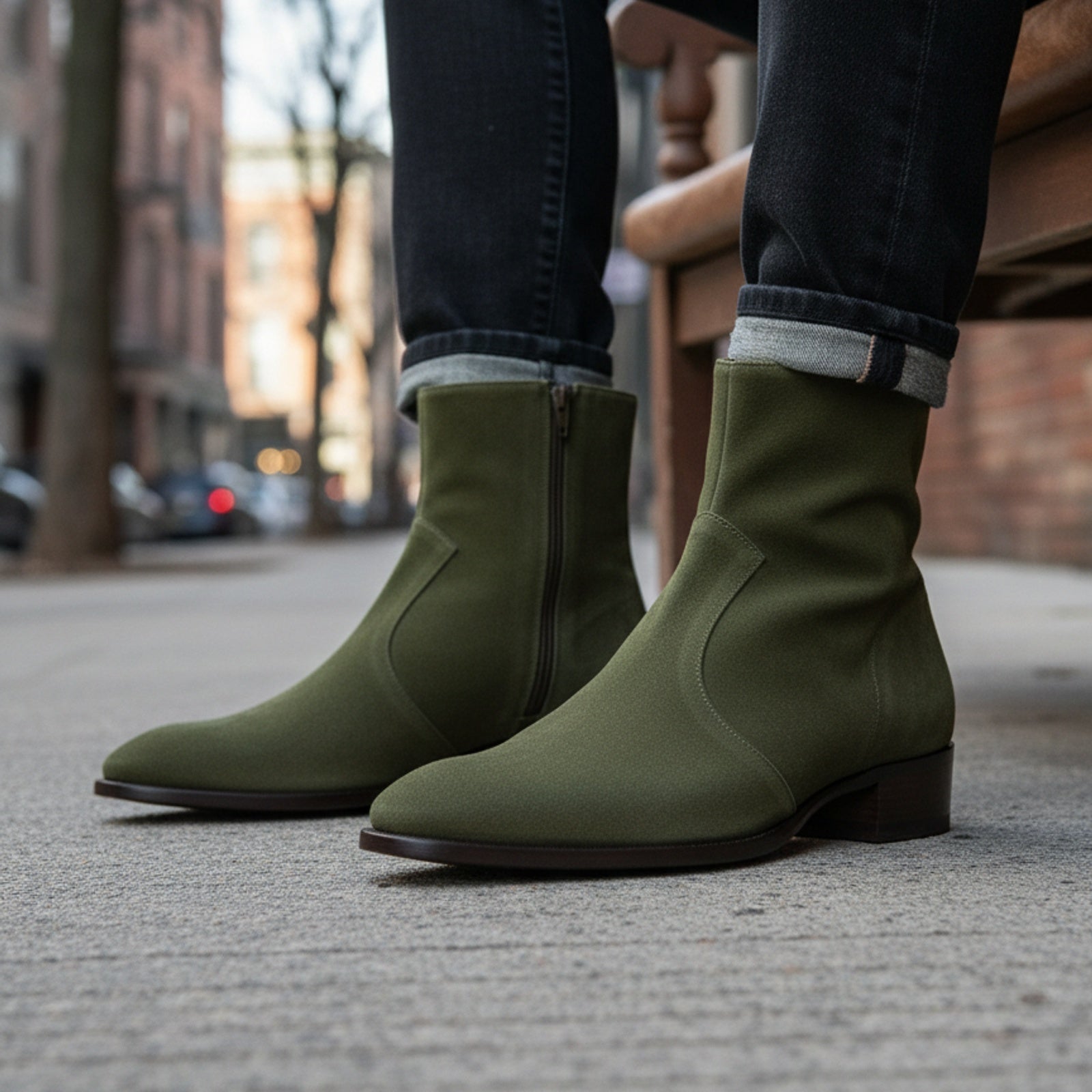 model-sitting-bench - Men's Green Suede Ankle Boots