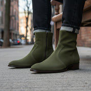 model-sitting-bench - Men's Green Suede Ankle Boots