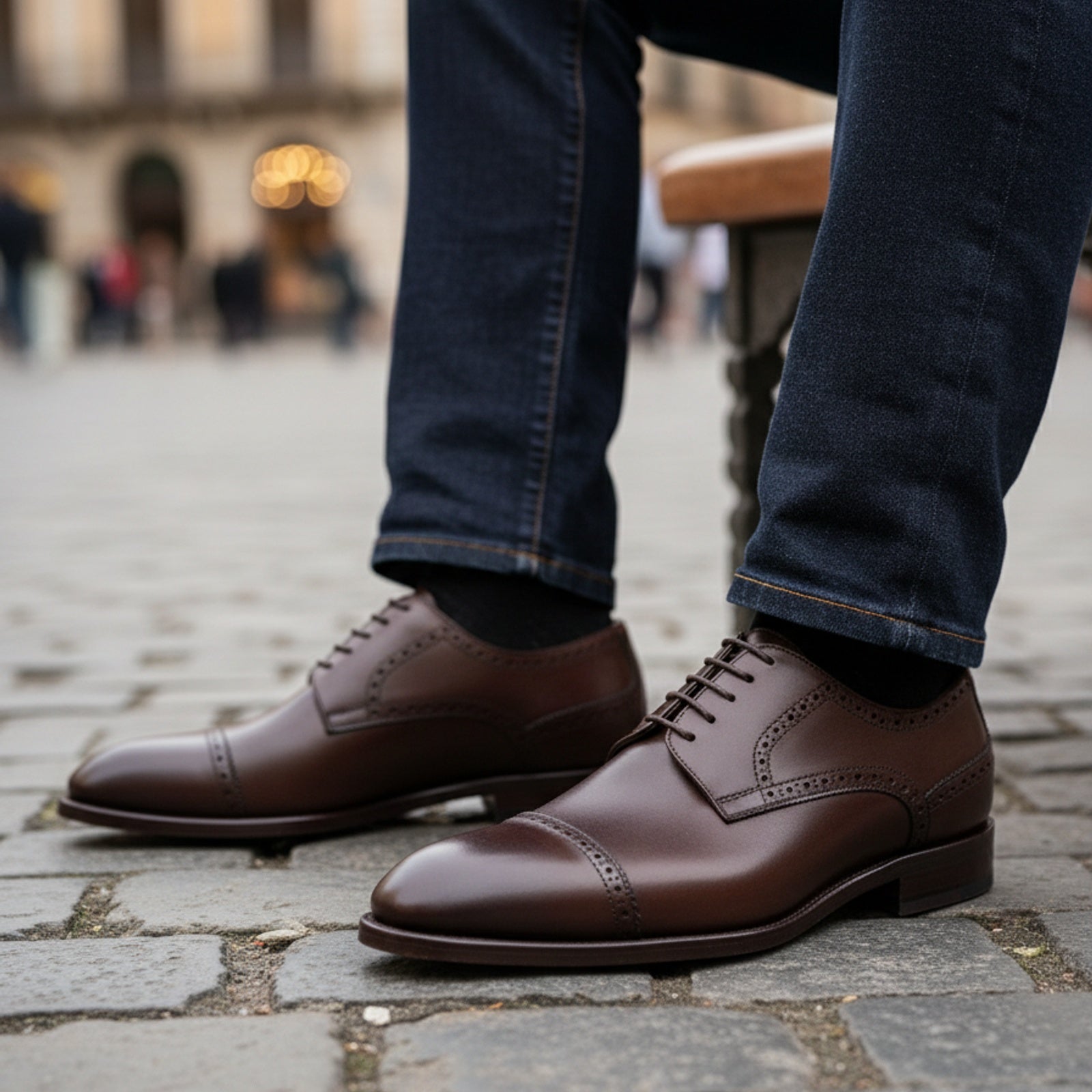 Men's Dark Brown Leather Oxford Dress Shoes - model-sitting-bench