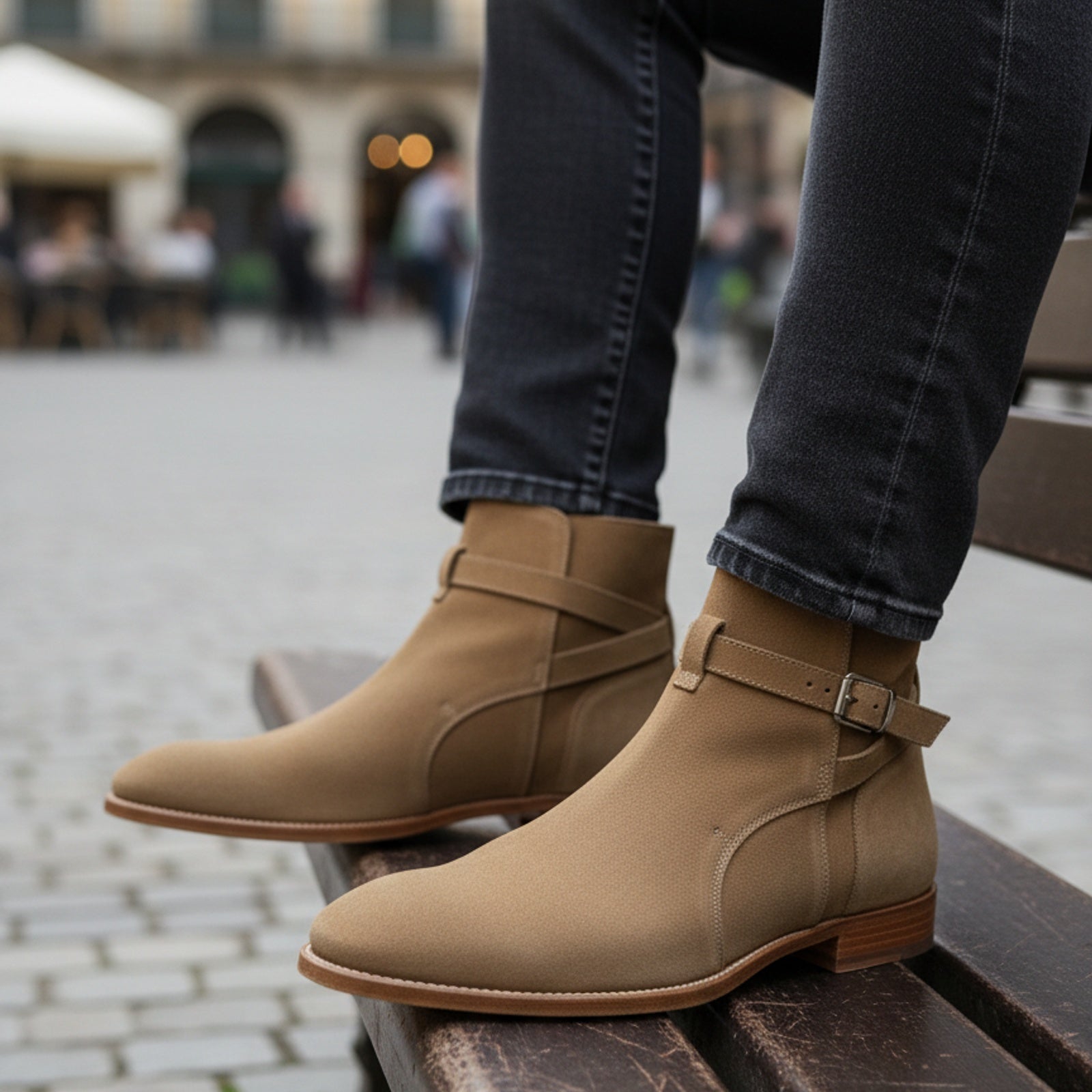 model-sitting-bench - Men's Handmade Beige Suede Jodhpur Ankle Boot with Leather Sole