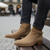 model-sitting-bench - Men's Handmade Beige Suede Jodhpur Ankle Boot with Leather Sole