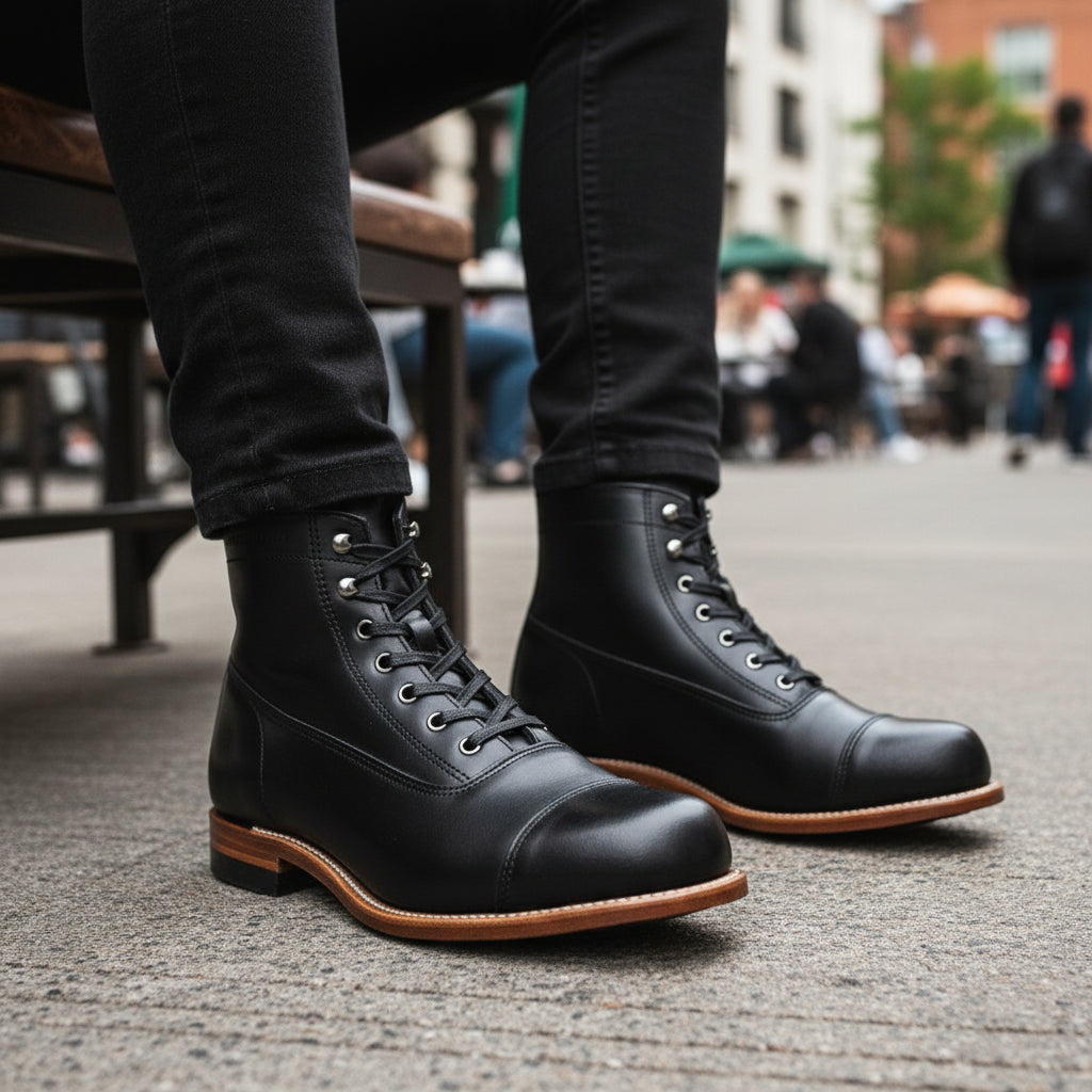 model-sitting-bench - Men's Handmade Black Leather Ankle Boot with Handcrafted Detailing