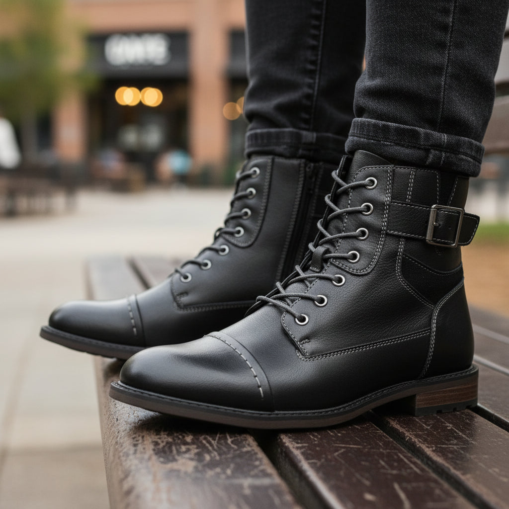 model-sitting-bench - Men's Handmade Black Leather Classic Boots with Customization Options