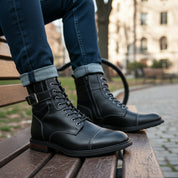 model-sitting-bench - Men's Handmade Black Leather Classic Boots with Customization Options