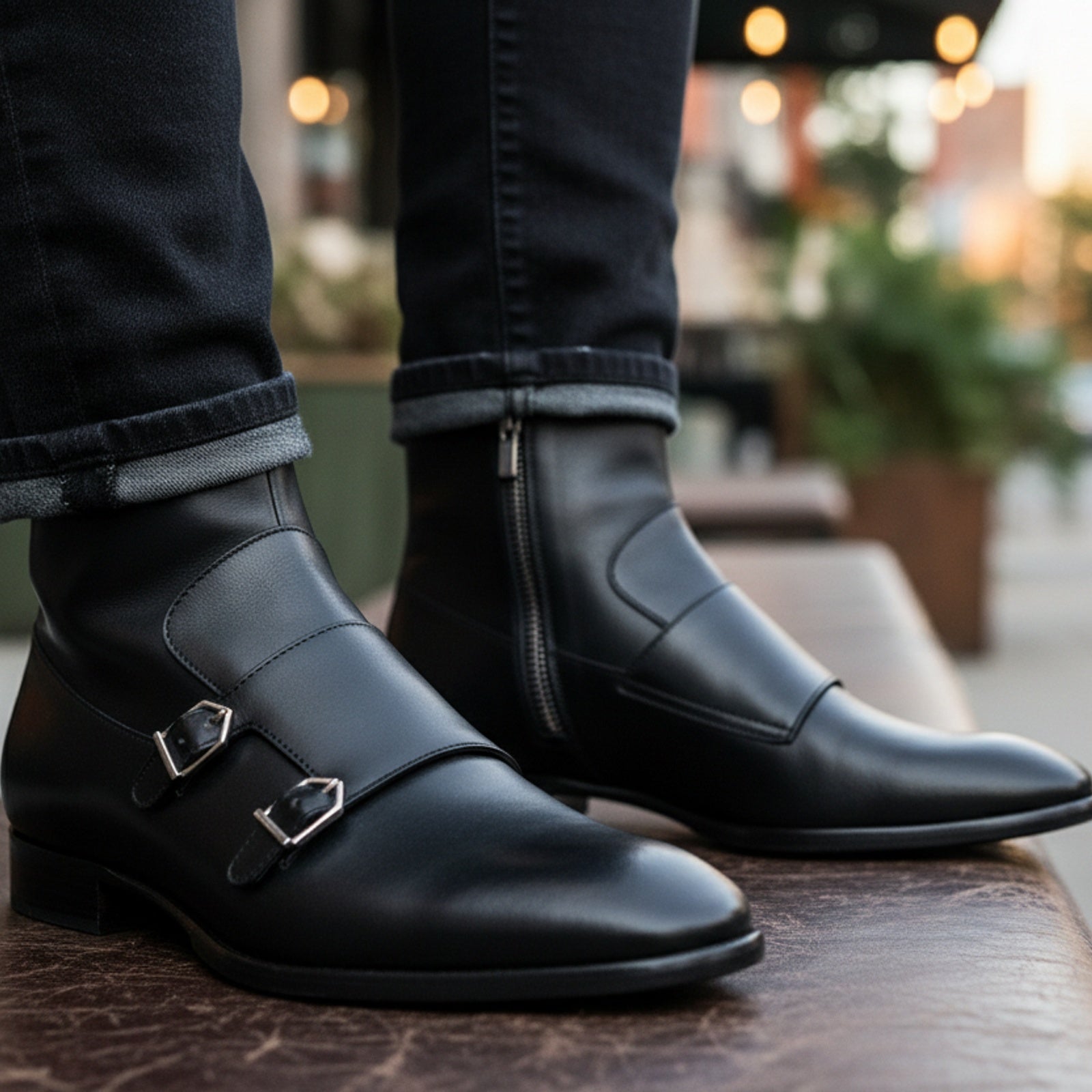 model-sitting-bench - Men's Handmade Black Leather Double Monk Ankle Boots with Side Zipper
