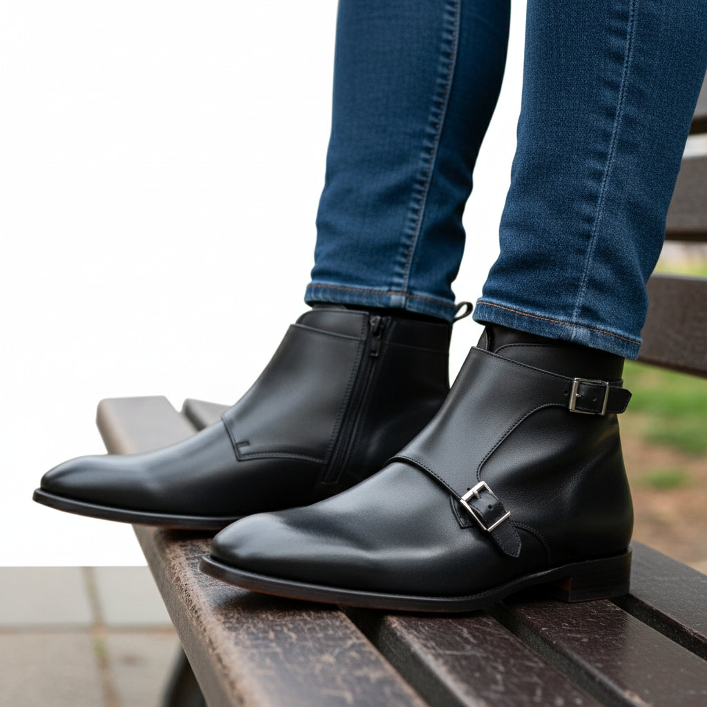 model-sitting-bench - Men's Handmade Black Leather Double Monk Boots with Artisan Features