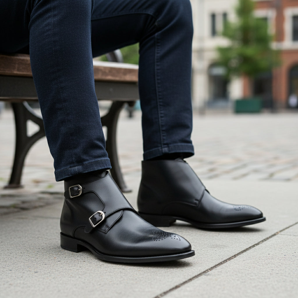 model-sitting-bench - Men's Handmade Black Leather Double Monk Boots with Premium Craftsmanship