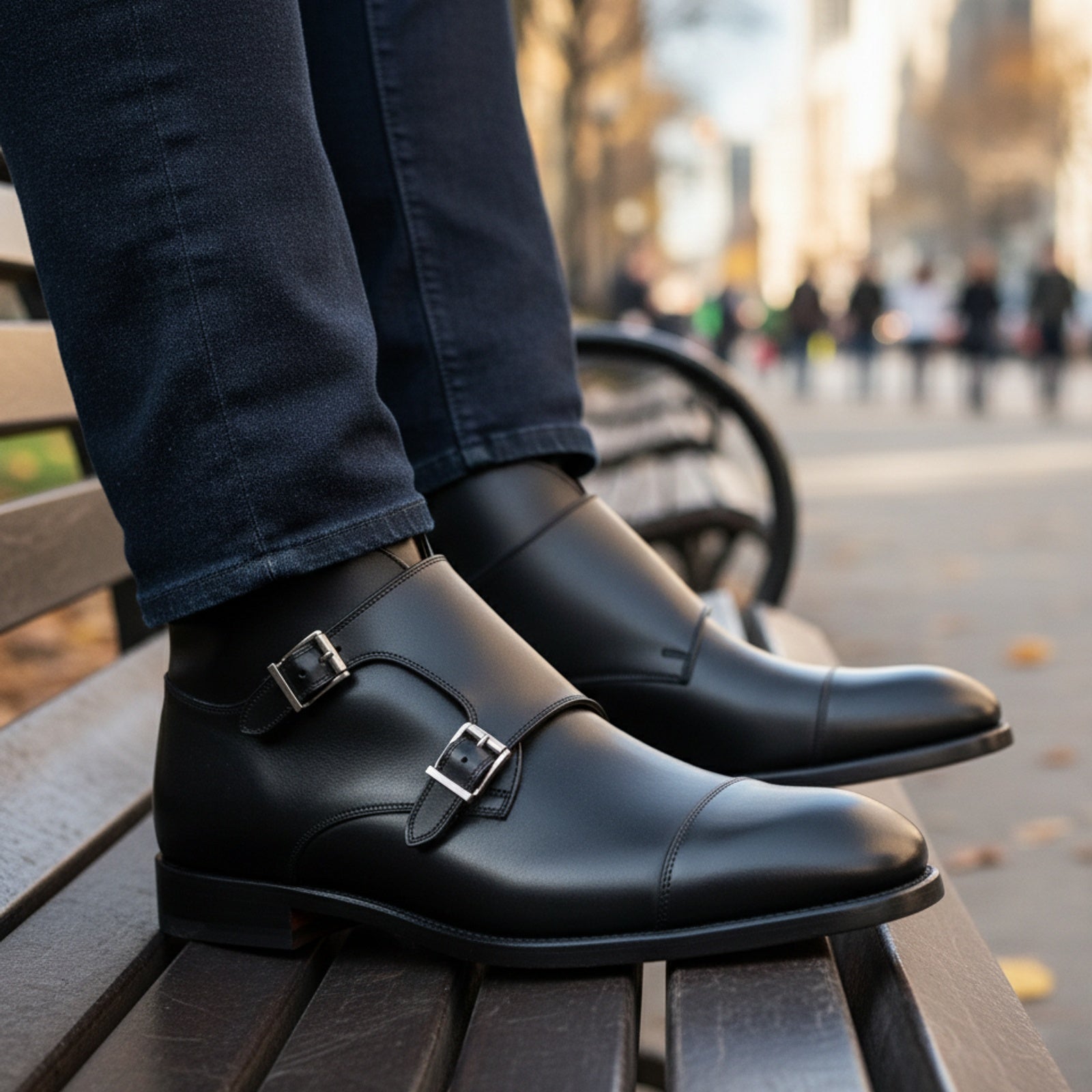 model-sitting-bench - Men's Handmade Black Leather Double Monk Strap Boots