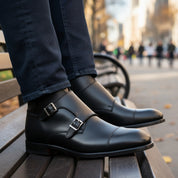 model-sitting-bench - Men's Handmade Black Leather Double Monk Strap Boots