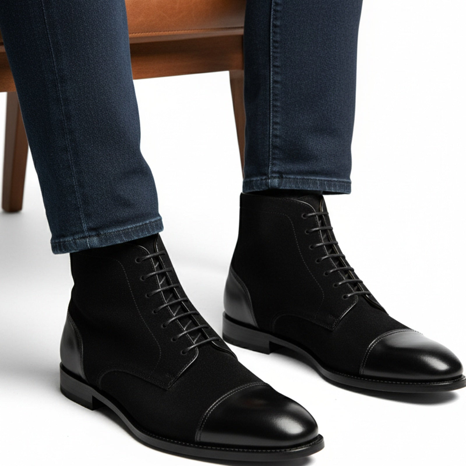 model-sitting-bench - Men's Handmade Black Leather Oxford Ankle Boots with Dress Design