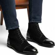 model-sitting-bench - Men's Handmade Black Leather Oxford Ankle Boots with Dress Design