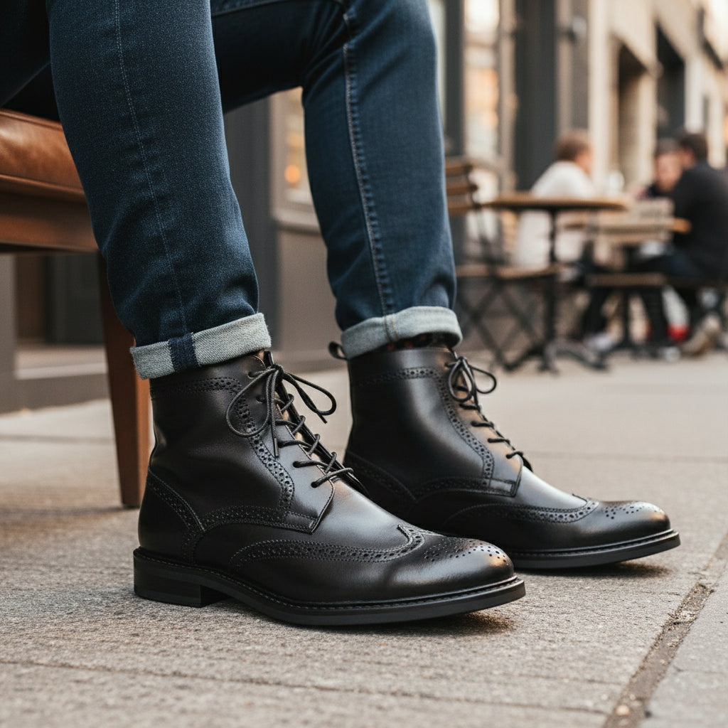 model-sitting-bench - Men's Handmade Black Leather Wingtip Brogue Ankle Boots