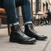 model-sitting-bench - Men's Handmade Black Leather Wingtip Brogue Ankle Boots