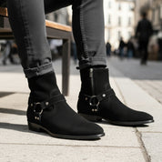 model-sitting-bench - Men's Handmade Black Suede Biker Ankle Boots with Side Zipper