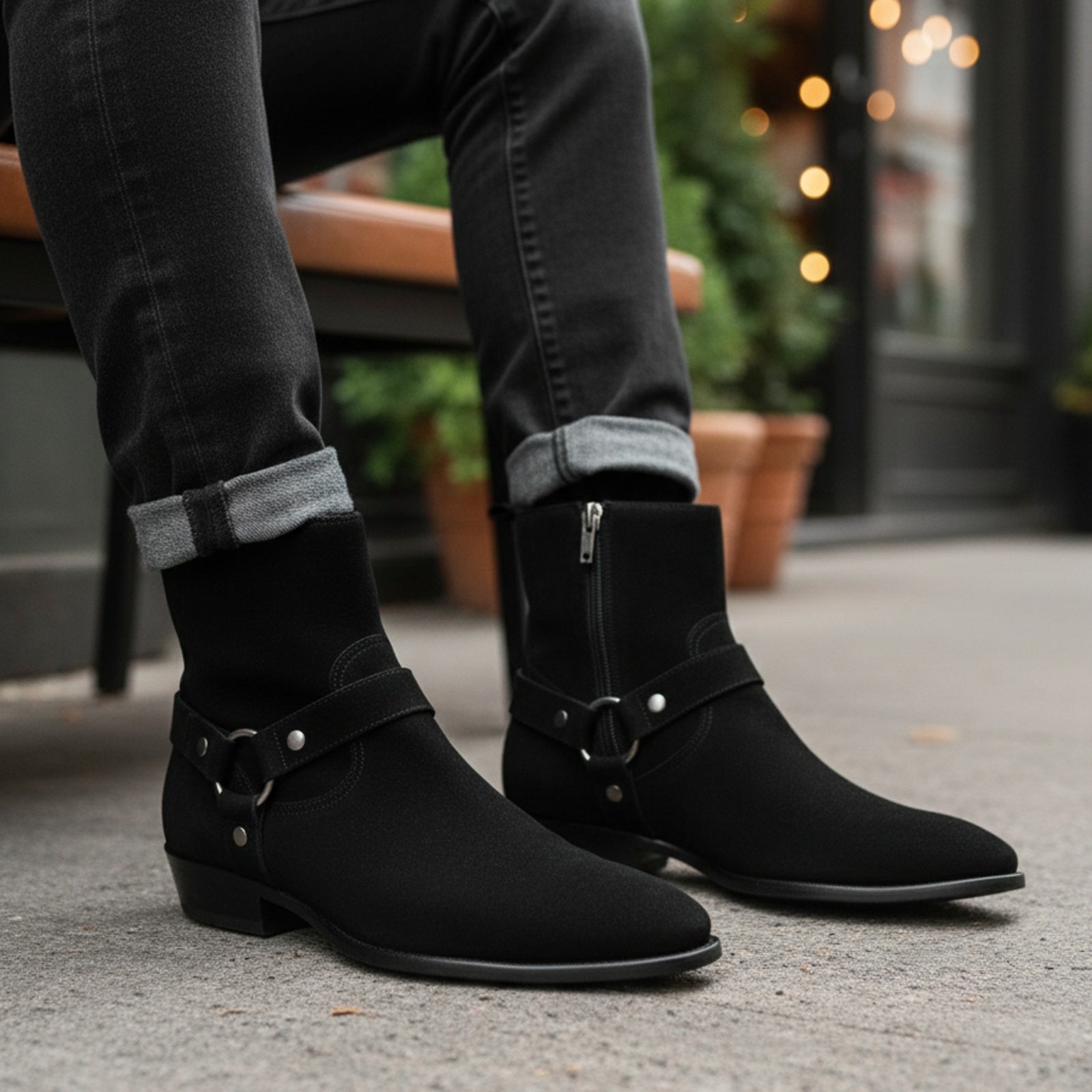 model-sitting-bench - Men's Handmade Black Suede Biker Ankle Boots with Side Zipper