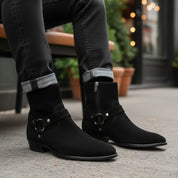 model-sitting-bench - Men's Handmade Black Suede Biker Ankle Boots with Side Zipper