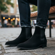 model-sitting-bench - Men's Handmade Black Suede Chelsea Boots – Customizable Options