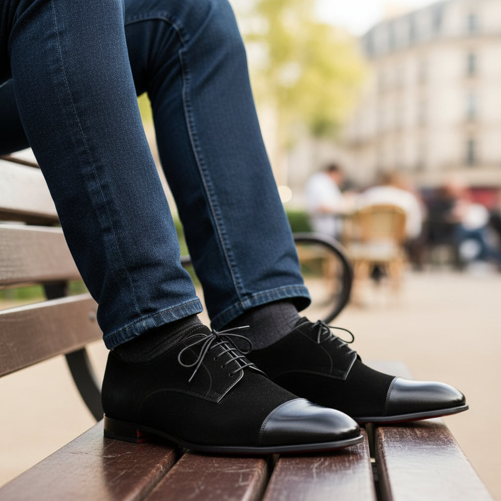 model-sitting-bench - Men's Handmade Black Suede & Leather Formal Shoes