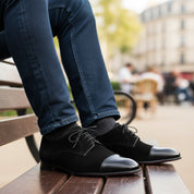 model-sitting-bench - Men's Handmade Black Suede & Leather Formal Shoes