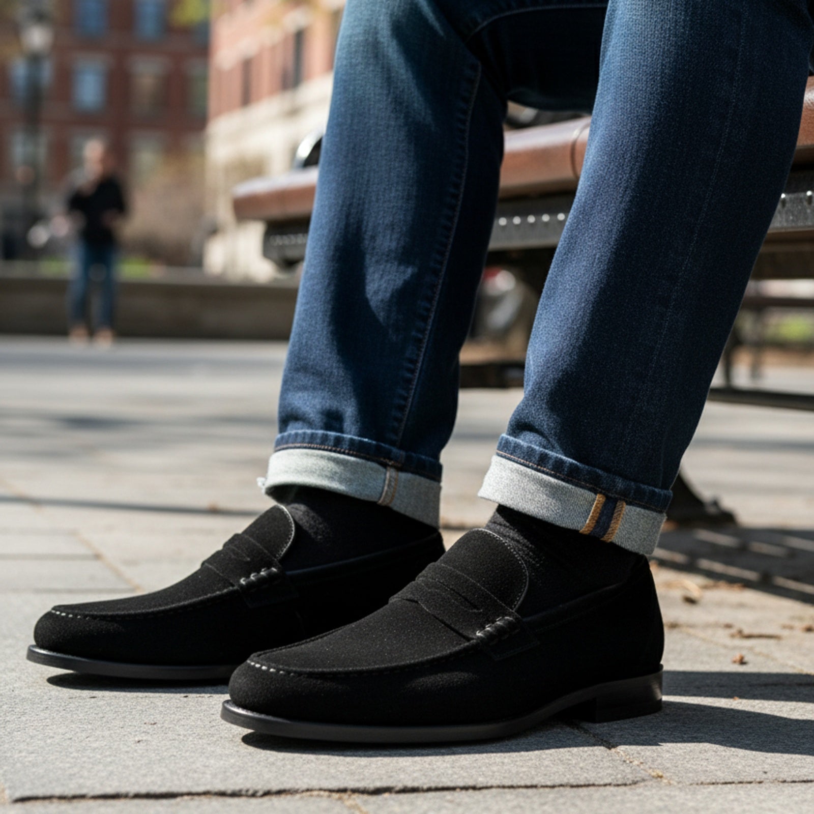 model-sitting-bench - Men's Handmade Black Suede Moccasins with Slip-On Design