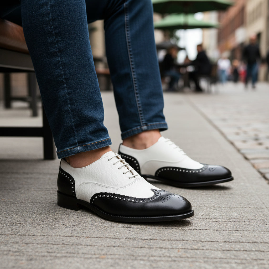 model-sitting-bench - Men's Handmade Black & White Leather Wingtip Dress Shoes