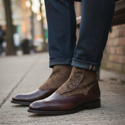 model-sitting-bench - Men's Handmade Brown Leather Button Boots with Premium Fit