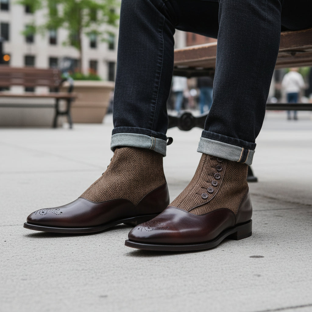 model-sitting-bench - Men's Handmade Brown Leather Button Boots with Premium Fit