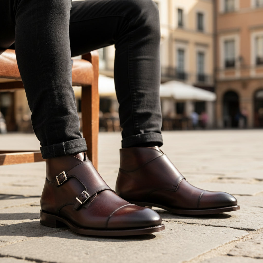model-sitting-bench - Men's Handmade Brown Leather Double Monk Strap Boots