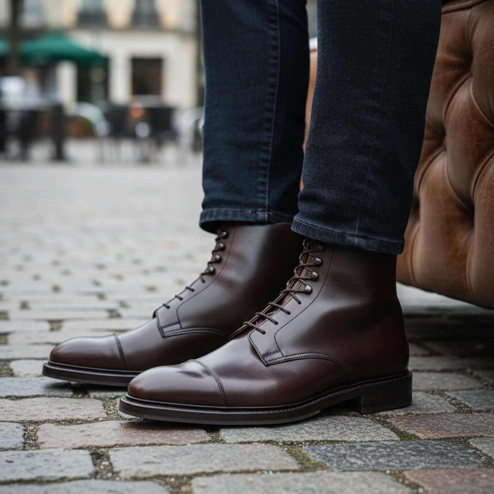 model-sitting-bench - Men's Handmade Brown Leather Lace-Up Ankle Boots with Premium Craftsmanship