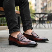model-sitting-bench - Men's Handmade Burgundy Alligator Pattern Leather Moccasins