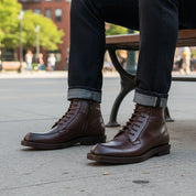 model-sitting-bench - Men's Handmade Dark Brown Leather Lace-Up Ankle Boot with Welted Sole