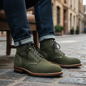 Men's Hunter Green Suede Ankle Boots - model-sitting-bench