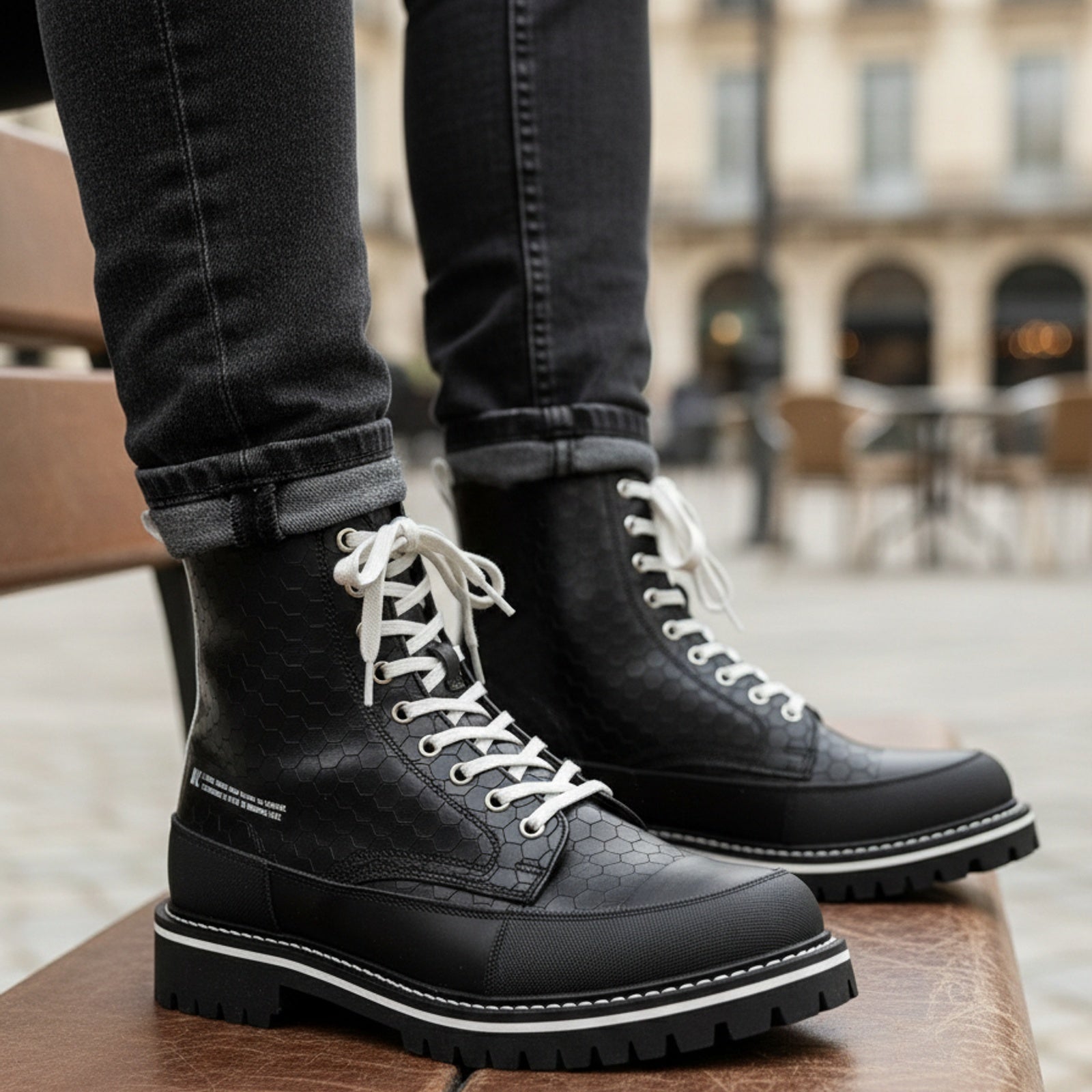 model-sitting-bench - Men's Hexagon-Patterned Leather Motorcycle Boots